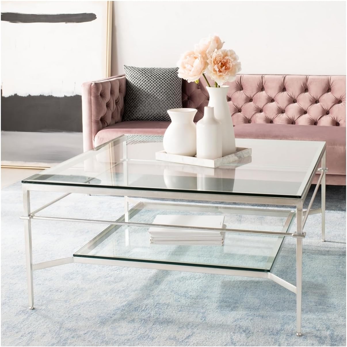 SAFAVIEH American Homes Collection Mieka Leaf Couture Cocktail Table, Silver/Glass